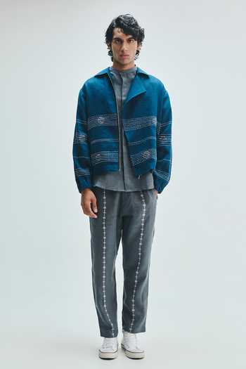Shop_Saphed_Blue Linen Indigo Kantha Jacket _Online_at_Aza_Fashions