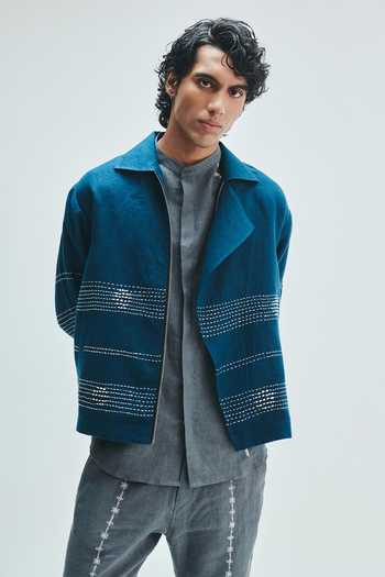 Buy_Saphed_Blue Linen Indigo Kantha Jacket _at_Aza_Fashions