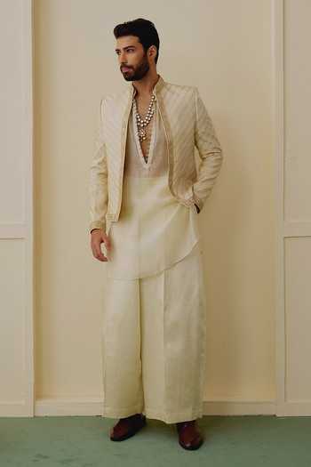 Gopi Vaid_Ivory Chanderi, Satin, Linen, Organza Ishaan Embroidered Jacket And Kurta Set _at_Aza_Fashions
