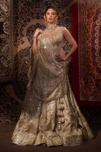 Buy_Gopi Vaid_Gold Viscose, Tissue Plunge Neck Suroor Foil Kali Embroidered Lehenga Set _at_Aza_Fashions