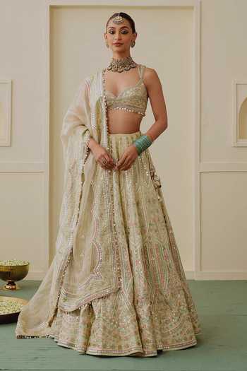 Shop_Gopi Vaid_Gold Viscose, Tissue Plunge Neck Suroor Foil Kali Embroidered Lehenga Set 