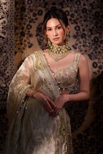 Gopi Vaid_Gold Viscose, Tissue Plunge Neck Suroor Foil Kali Embroidered Lehenga Set _Online