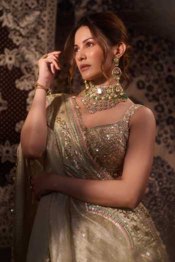Shop_Gopi Vaid_Gold Viscose, Tissue Plunge Neck Suroor Foil Kali Embroidered Lehenga Set _Online