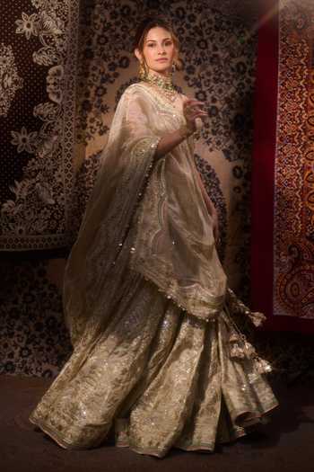 Gopi Vaid_Gold Viscose, Tissue Plunge Neck Suroor Foil Kali Embroidered Lehenga Set 