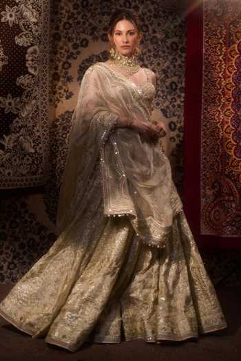 Gopi Vaid_Gold Viscose, Tissue Plunge Neck Suroor Foil Kali Embroidered Lehenga Set 