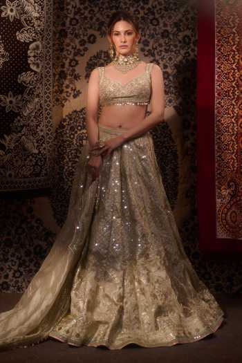 Gopi Vaid_Gold Viscose, Tissue Plunge Neck Suroor Foil Kali Embroidered Lehenga Set 