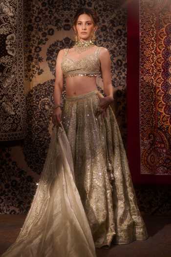 Gopi Vaid_Gold Viscose, Tissue Plunge Neck Suroor Foil Kali Embroidered Lehenga Set 