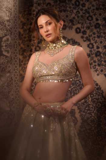 Gopi Vaid_Gold Viscose, Tissue Plunge Neck Suroor Foil Kali Embroidered Lehenga Set 