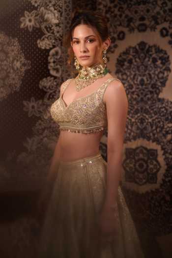 Gopi Vaid_Gold Viscose, Tissue Plunge Neck Suroor Foil Kali Embroidered Lehenga Set 