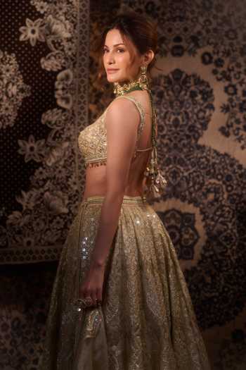 Gopi Vaid_Gold Viscose, Tissue Plunge Neck Suroor Foil Kali Embroidered Lehenga Set 