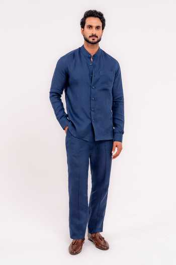 Buy_Madhav Agasti_Navy Linen Full Sleeve Shirt And Pant Co-ord Set _at_Aza_Fashions