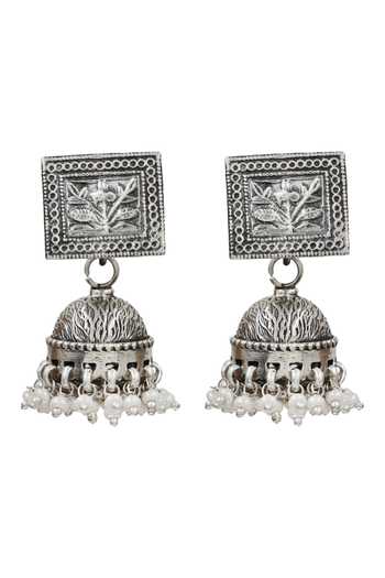 Sangeeta Boochra_Silver Plated Artisan Floral Pearl Drop Earrings _Online_at_Aza_Fashions