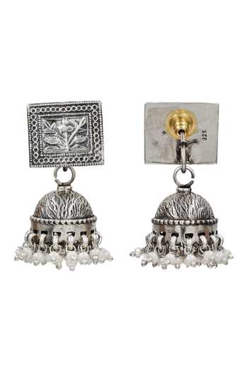 Shop_Sangeeta Boochra_Silver Plated Artisan Floral Pearl Drop Earrings _at_Aza_Fashions