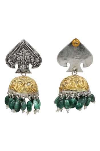 Shop_Sangeeta Boochra_Silver Plated Dual Tone Green Bead Jhumka Earrings _at_Aza_Fashions