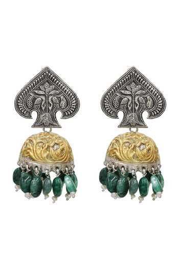 Sangeeta Boochra_Silver Plated Dual Tone Green Bead Jhumka Earrings _Online_at_Aza_Fashions