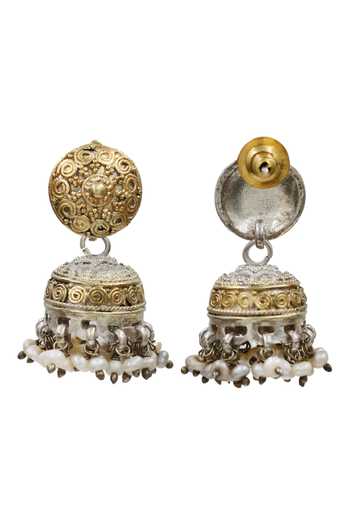 Shop_Sangeeta Boochra_Silver Plated Bohemian Dual Tone Jhumka Earrings _at_Aza_Fashions
