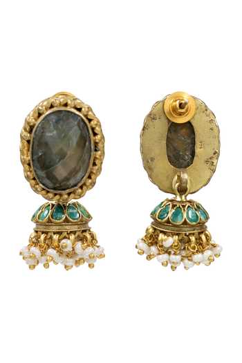 Shop_Sangeeta Boochra_Gold Plated Labradorite Stone And Pearl Jhumka Earrings _at_Aza_Fashions