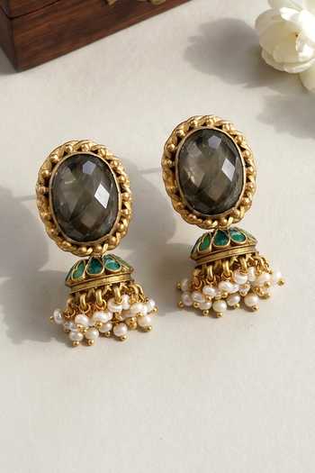 Buy_Sangeeta Boochra_Gold Plated Labradorite Stone And Pearl Jhumka Earrings _at_Aza_Fashions