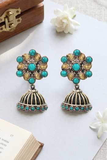 Buy_Sangeeta Boochra_Sky Blue Stone Embellished Turquoise Jhumka Earrings 925 Silver _at_Aza_Fashions