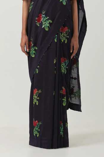 Buy_Label Earthen_Blue Chanderi Silk Embroidery Round Neck Phool Pathi Saree With Blouse _Online_at_Aza_Fashions