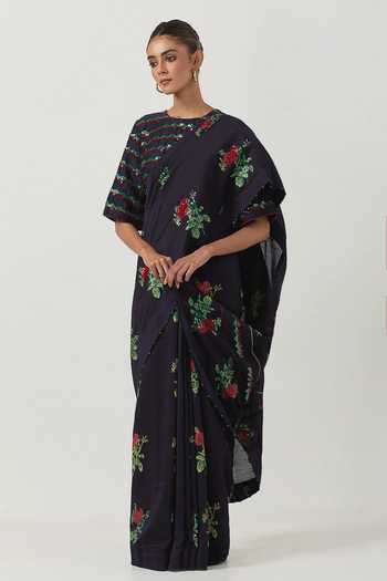 Buy_Label Earthen_Blue Chanderi Silk Embroidery Round Neck Phool Pathi Saree With Blouse 