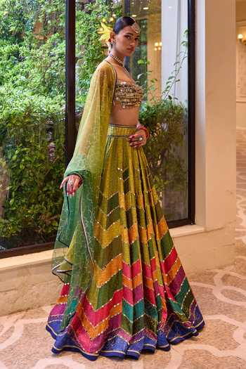 Cedar & Pine_Multi Color Brocade, Tulle Square Neck Jugni Printed Lehenga Set _Online