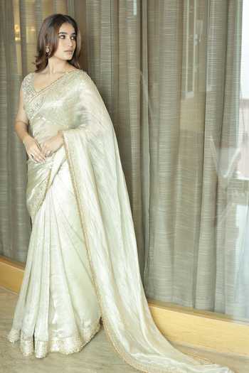 Shop_Gopi Vaid_Gold Tissue Sweetheart Neck Rasha Border Embroidered Saree With Blouse _at_Aza_Fashions