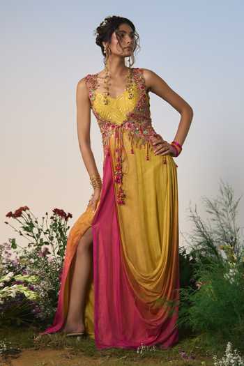 Buy_Shashank Arya_Pink Organza Round Neck Resham Applique Work Jacket _Online
