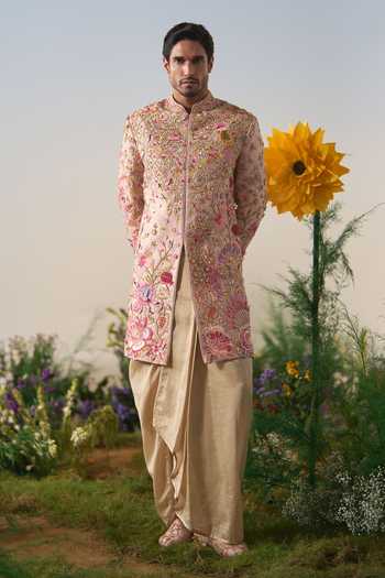Shashank Arya_Cream Dupion, Chanderi, Satin Embroidered Sherwani And Dhoti Pant Set _Online
