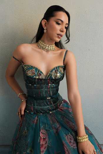 Mahima Mahajan_Blue Silk Organza Sweetheart Aisha Embroidered Corset Anarkali And Dupatta Set _Online