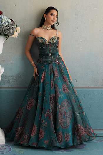 Shop_Mahima Mahajan_Blue Silk Organza Sweetheart Aisha Embroidered Corset Anarkali And Dupatta Set _Online