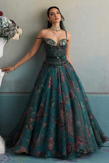 Mahima Mahajan_Blue Silk Organza Sweetheart Aisha Embroidered Corset Anarkali And Dupatta Set 