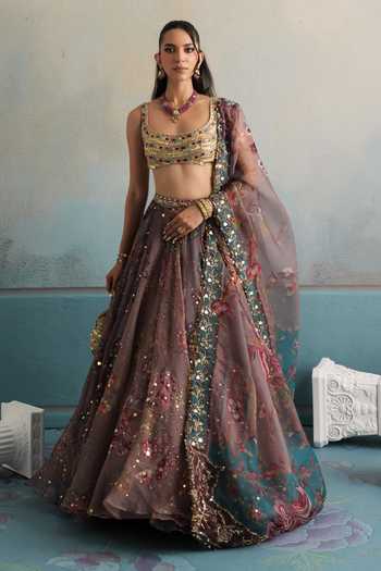 Mahima Mahajan_Purple Silk Organza Scoop Neck Rabia Embroidered Lehenga Set _Online