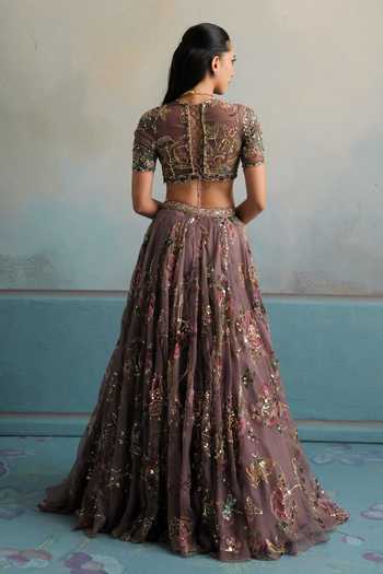 Shop_Mahima Mahajan_Maroon Silk Organza Plunge Neck Kareena Embroidered Lehenga Set _at_Aza_Fashions