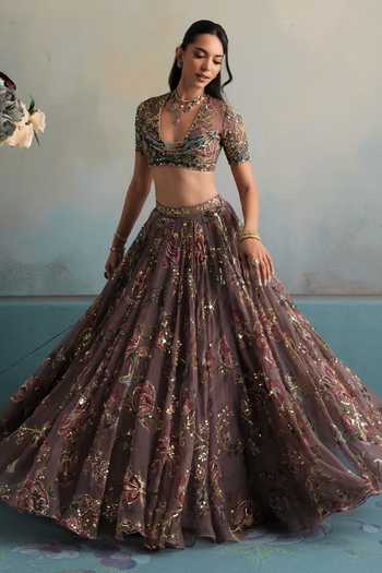 Shop_Mahima Mahajan_Maroon Silk Organza Plunge Neck Kareena Embroidered Lehenga Set _Online_at_Aza_Fashions