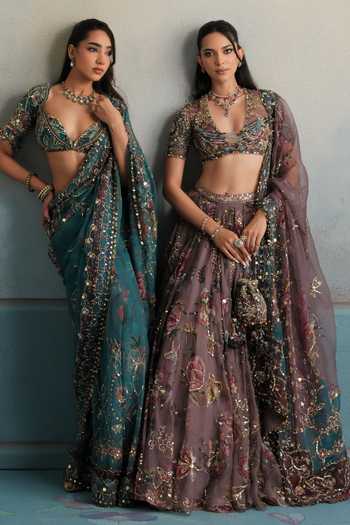 Mahima Mahajan_Maroon Silk Organza Plunge Neck Kareena Embroidered Lehenga Set _Online