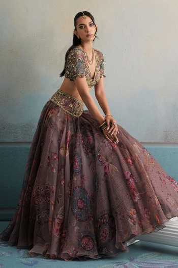Mahima Mahajan_Purple Silk Organza V-neck Khalida Embroidered Lehenga Set _at_Aza_Fashions