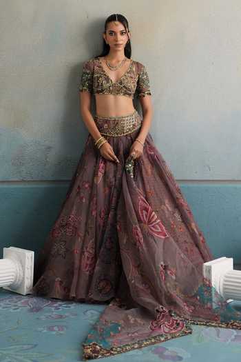 Shop_Mahima Mahajan_Purple Silk Organza V-neck Khalida Embroidered Lehenga Set 