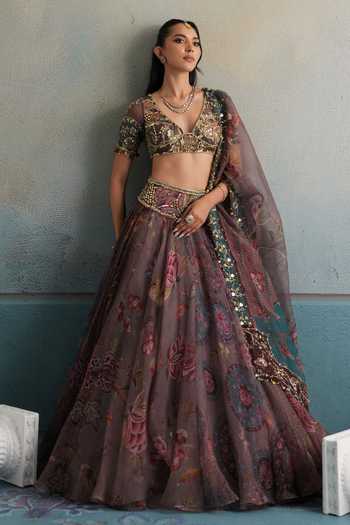 Mahima Mahajan_Purple Silk Organza V-neck Khalida Embroidered Lehenga Set _Online