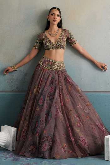 Buy_Mahima Mahajan_Purple Silk Organza V-neck Khalida Embroidered Lehenga Set _Online