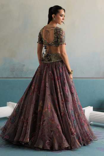 Shop_Mahima Mahajan_Purple Silk Organza V-neck Khalida Embroidered Lehenga Set _Online