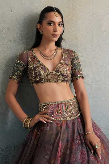 Mahima Mahajan_Purple Silk Organza V-neck Khalida Embroidered Lehenga Set 