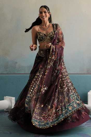 Mahima Mahajan_Wine Silk Organza Sweetheart Neck Adara Embellished Blouse Lehenga Set _Online