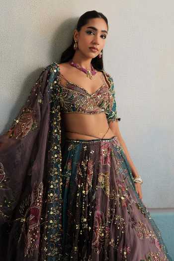 Buy_Mahima Mahajan_Multicolor Silk Organza Sweetheart Neck Raha Heavy Embroidered Lehenga Set _Online