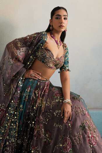Mahima Mahajan_Multicolor Silk Organza Sweetheart Neck Raha Heavy Embroidered Lehenga Set 