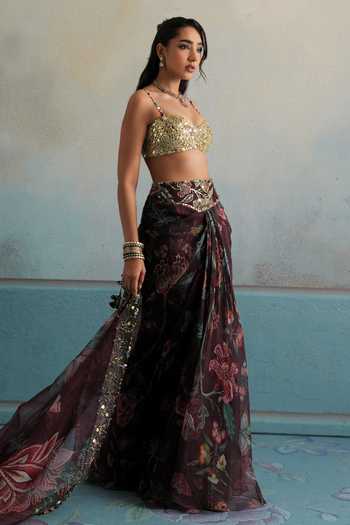 Mahima Mahajan_Maroon Silk Organza Sweetheart Neck Nazeer Floral Pattern Draped Skirt Set _Online