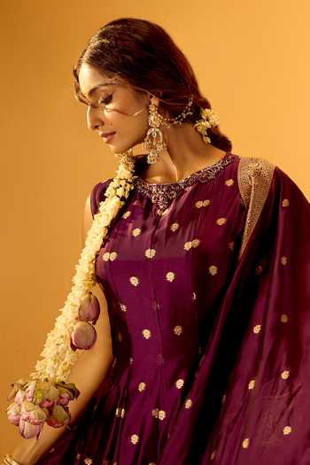 Buy_Samyukta Singhania_Wine Brocade Round Neck Floral Woven Anarkali With Dupatta _Online