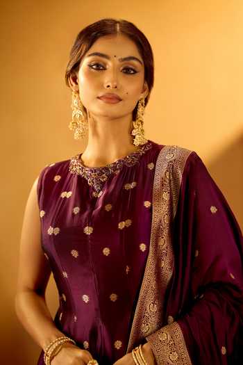 Shop_Samyukta Singhania_Wine Brocade Round Neck Floral Woven Anarkali With Dupatta _Online
