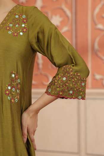 Shop_Dohr India_Olive Green Silk, Chanderi, Cotton V-neck Nira Dori Embroidery Kurta Set _Online_at_Aza_Fashions