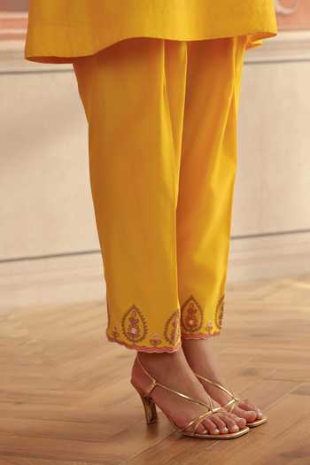 Dohr India_Yellow Silk, Chanderi, Organza V-neck Zora Kurta Set _Online_at_Aza_Fashions